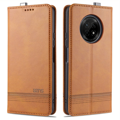 Tan flip leather phone case with stitched edges and circular camera window