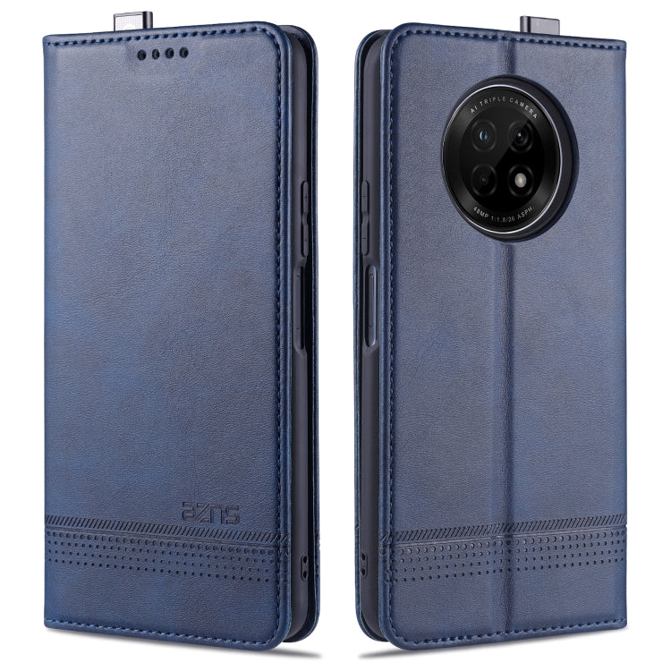Blue flip leather phone case with stitched edges and circular camera window