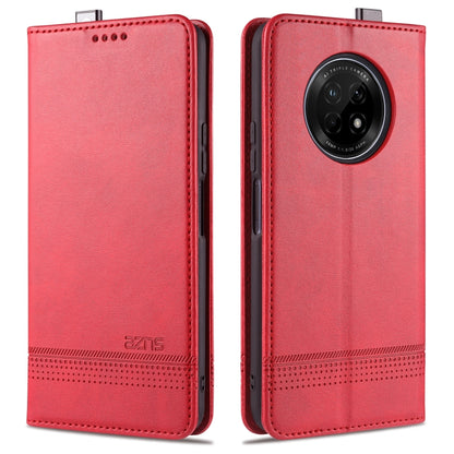 Red flip leather phone case with stitched edges and circular camera window