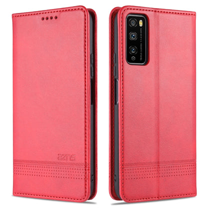 Red leather flip phone wallet case with textured finish and stitch detailing