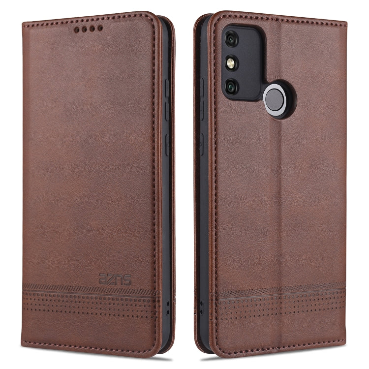 Dark brown leather flip phone wallet case with camera cutout and round ring holder