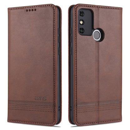 Dark brown leather flip phone wallet case with camera cutout and round ring holder