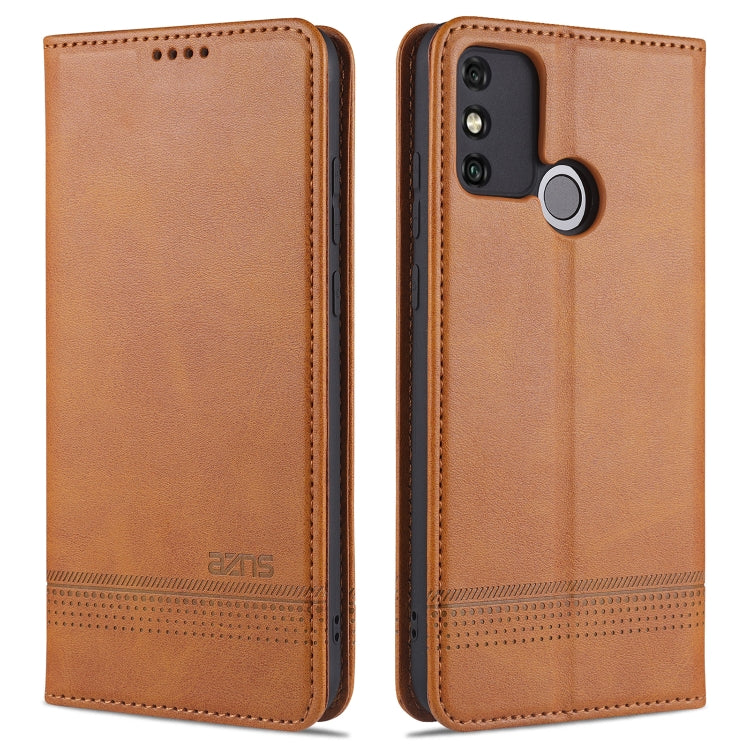 Light brown leather flip phone wallet case with camera cutout and round ring holder