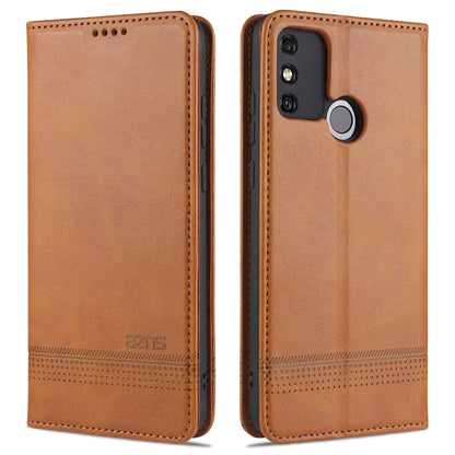 Light brown leather flip phone wallet case with camera cutout and round ring holder