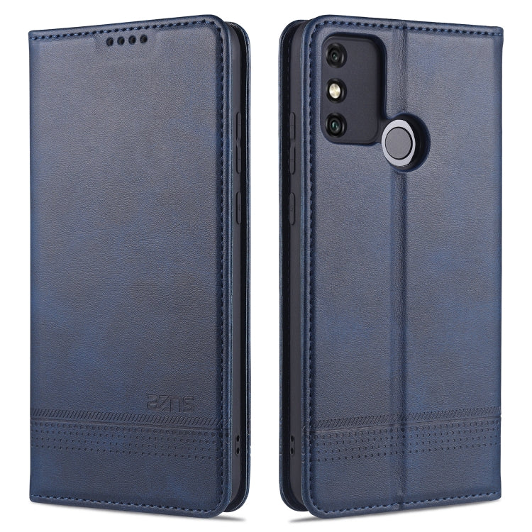 Dark blue leather flip phone wallet case with camera cutout and round ring holder
