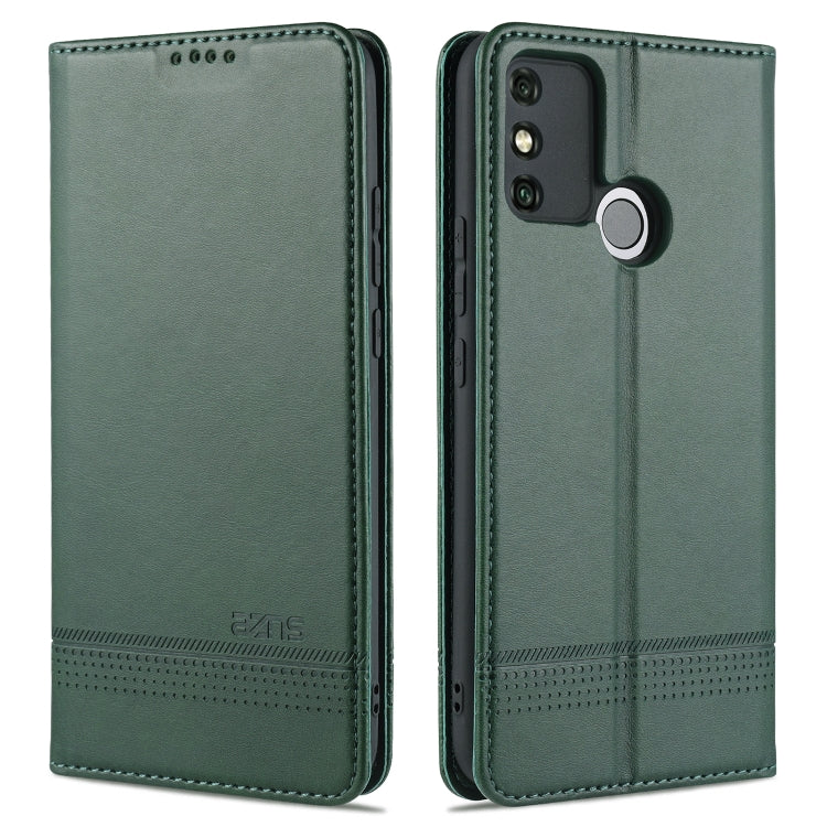 Dark green leather flip phone wallet case with camera cutout and round ring holder