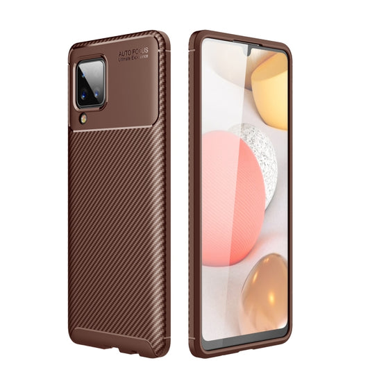 Brown carbon-fiber texture shockproof TPU case for Samsung Galaxy A12, camera cutout