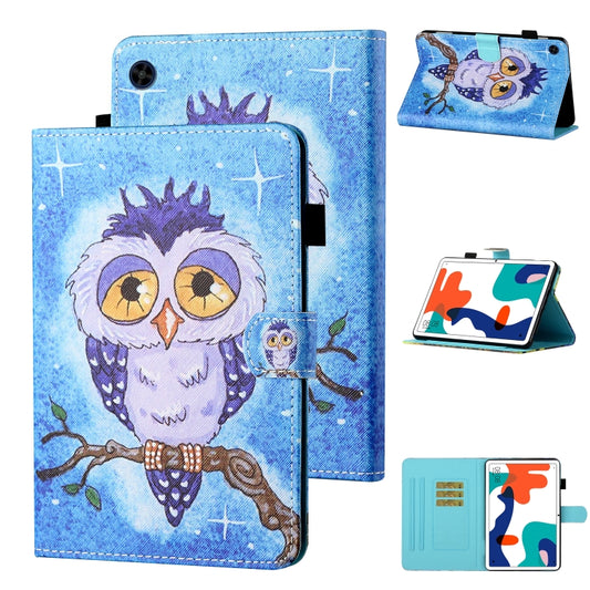 Blue owl tablet flip leather case with card slots and stand; visible pen holder detail