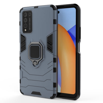 Blue protective phone case with magnetic ring holder, raised camera and port cutouts