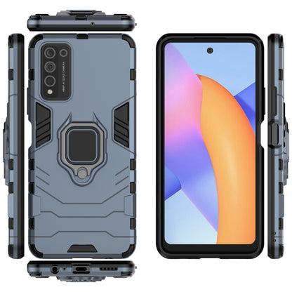 Blue shockproof phone case with magnetic ring holder; front and back views shown