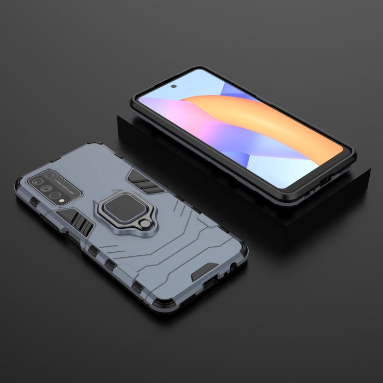 Blue shockproof phone case with magnetic ring holder, front and back laid at an angle