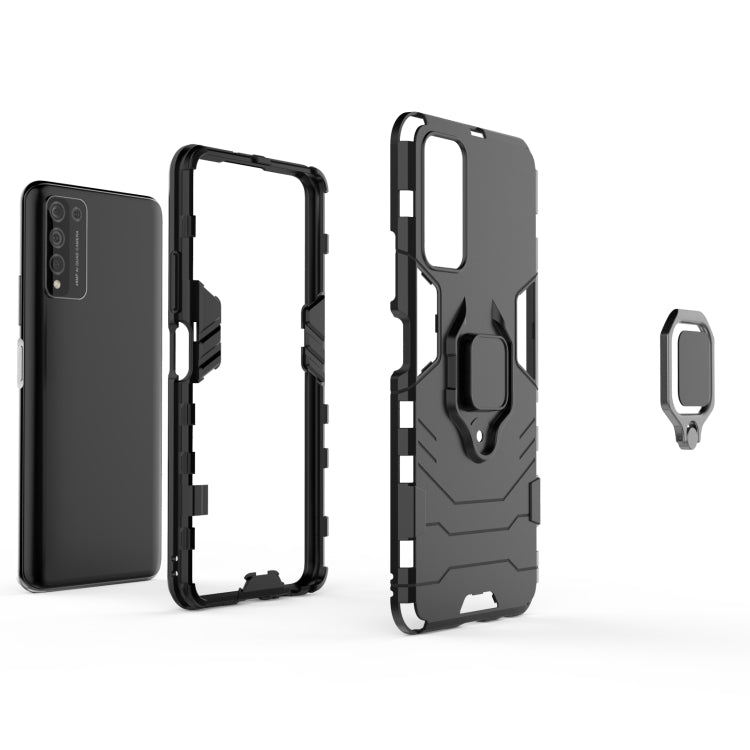 Black shockproof phone case with magnetic ring holder; back and open frame shown