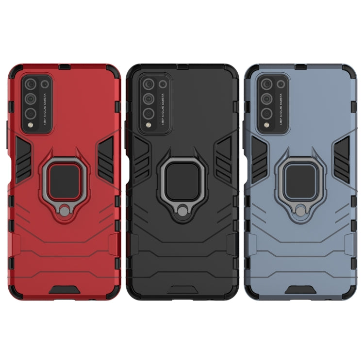 Shockproof phone cases with magnetic ring holders in red, black, and blue