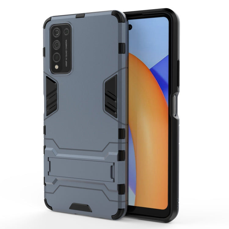 Navy rugged shockproof phone case with holder; raised edges protect front and back