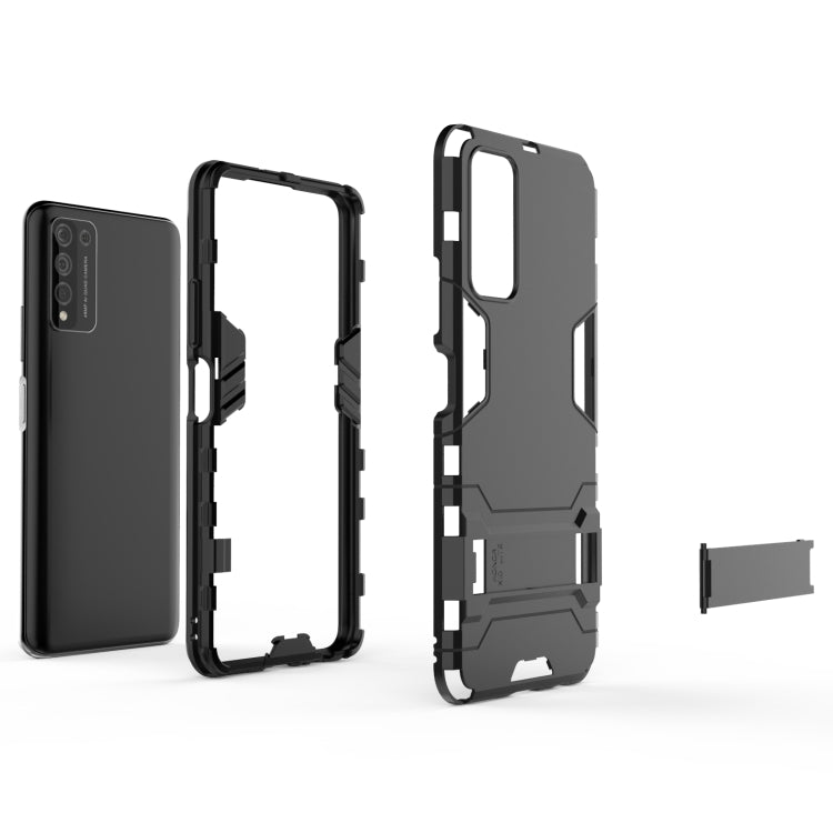Rugged black shockproof phone case with holder; back and front frames shown