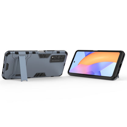Rugged navy shockproof phone case with holder stand; case in front and side views