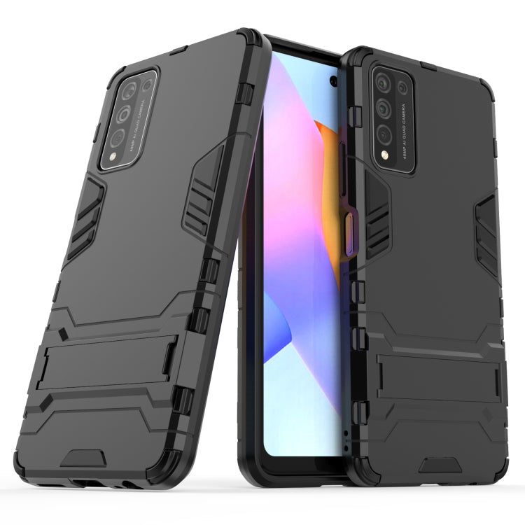 Rugged dark gray shockproof phone case with holder; camera cutout and side guards