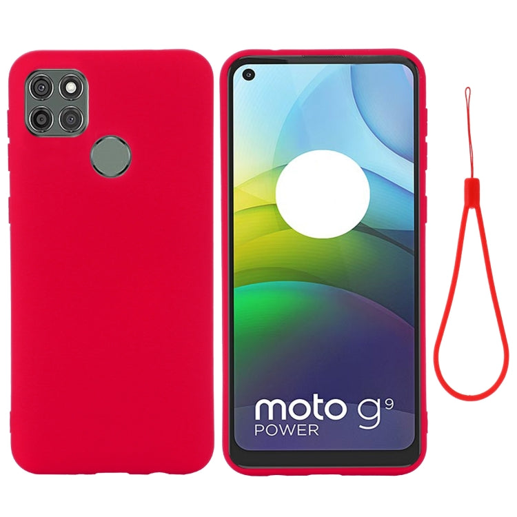 Red liquid silicone phone case with full coverage, shockproof corners, and lanyard strap