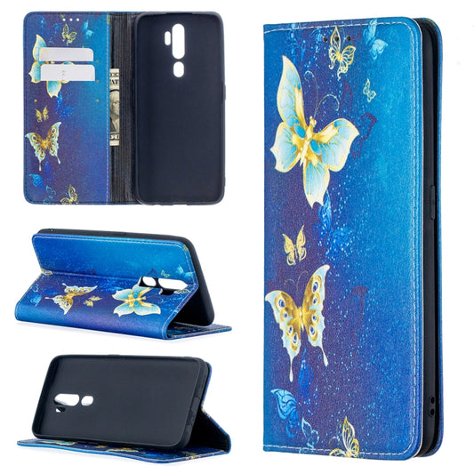Blue PU leather phone case with butterflies, magnetic flip cover and card slots