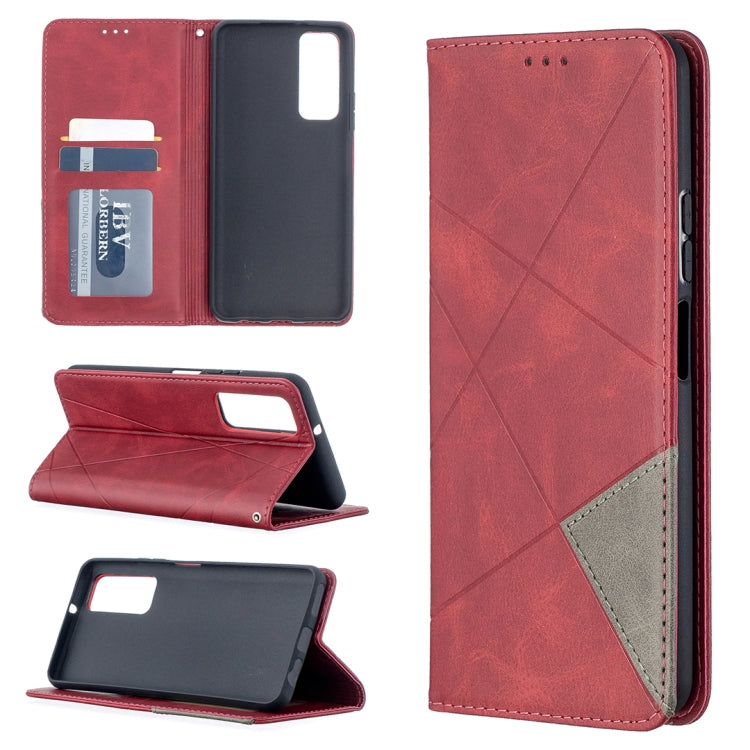 Red leather magnetic flip phone case with card slots and inner cover flap