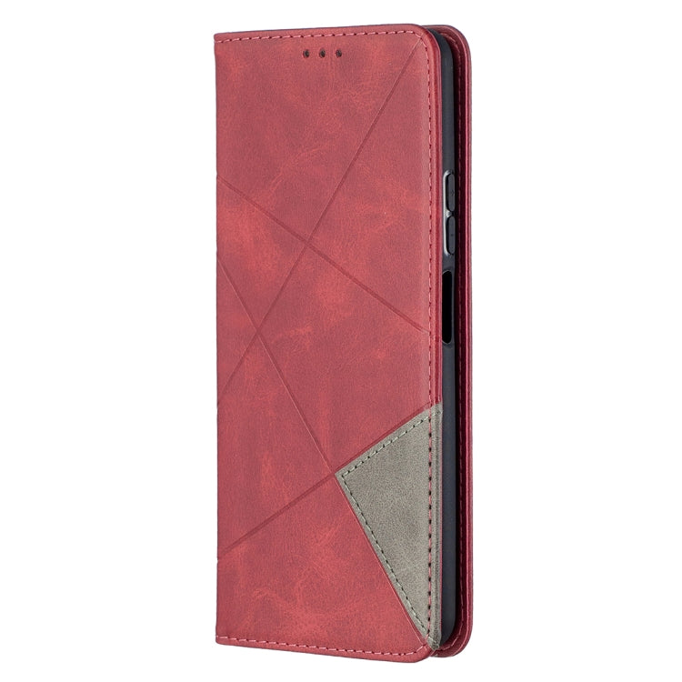 Red leather flip phone case, side view with cutouts for buttons and ports
