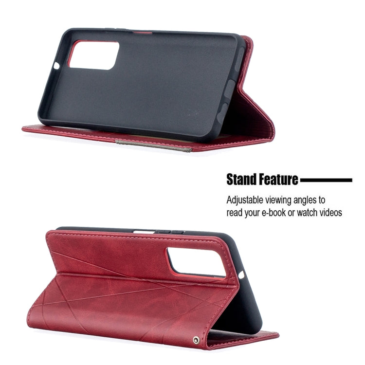 Red leather magnetic flip wallet case with stand, showing front flap folded out