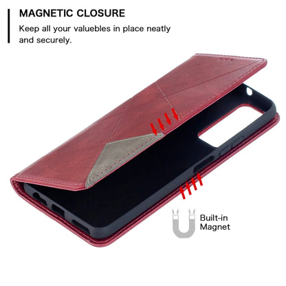 Red leather flip phone case with built-in magnet closure and inner frame opening
