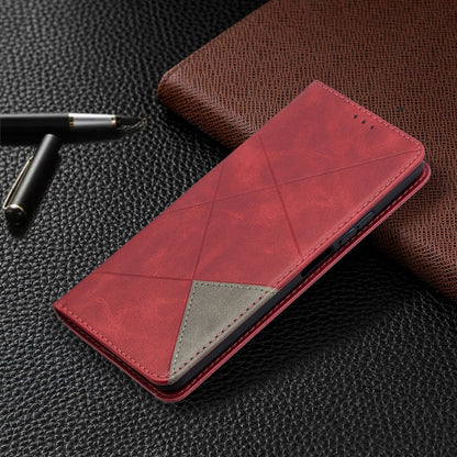 Red leather wallet-style flip phone case with front flap and card slot panel