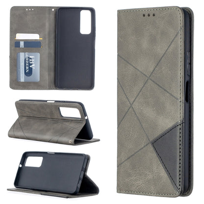 Grey leather magnetic flip phone case with card slots and foldable stand panel