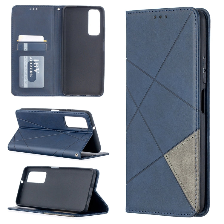 Navy leather flip phone case with magnetic closure, card slots, and diagonal stitched design