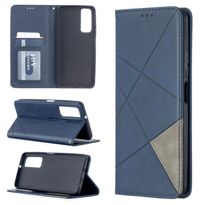 Navy leather flip phone case with magnetic closure, card slots, and diagonal stitched design