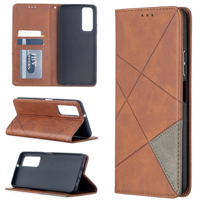 Brown leather flip phone case with magnetic closure, card slots, and diagonal stitched design