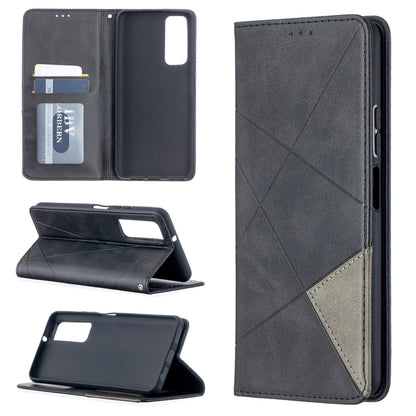 Dark gray leather flip phone case with magnetic closure, card slots, and diagonal stitched design