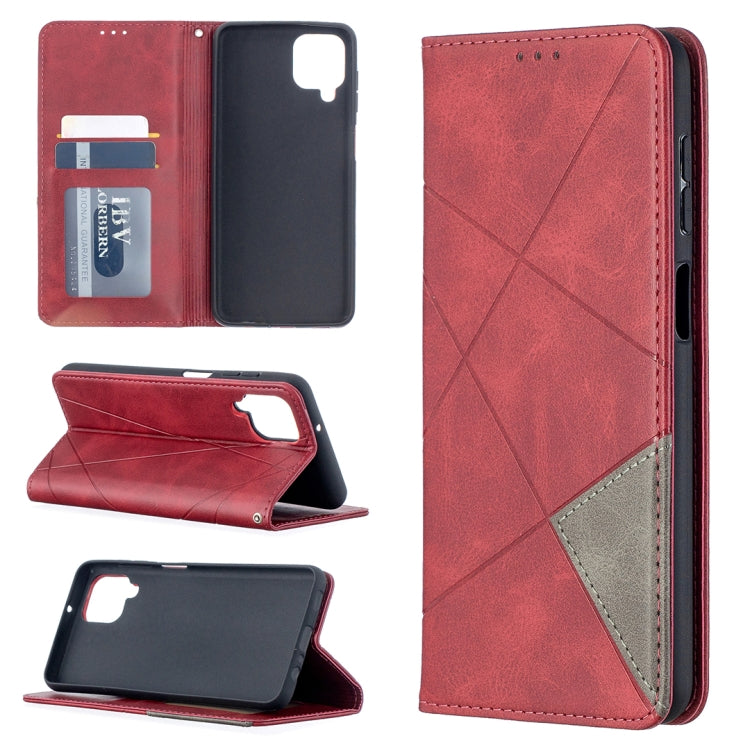 Red leather magnetic flip phone case with card slots and visible back cover cutout