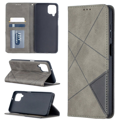 Grey leather flip phone case with card pocket, back cover, and side button openings