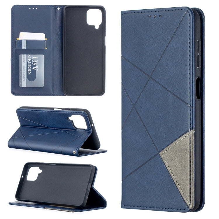 Blue leather flip phone case with magnetic closure, card slots, and diagonal stitched front