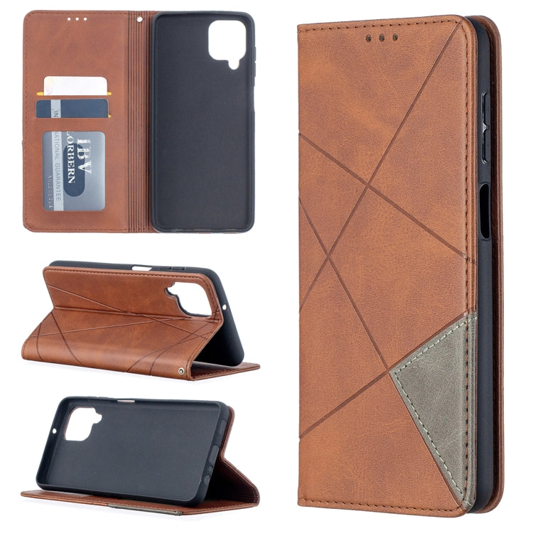 Tan/brown leather flip phone case with magnetic closure, card slots, and diagonal stitched front