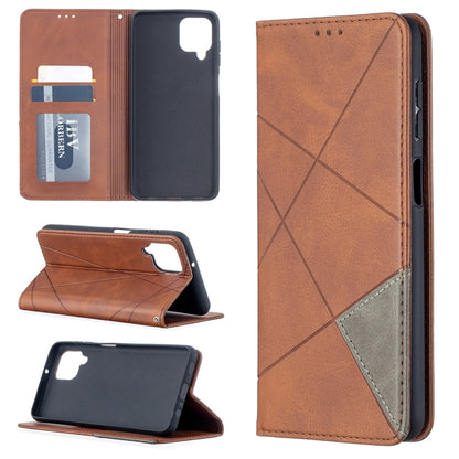 Tan/brown leather flip phone case with magnetic closure, card slots, and diagonal stitched front