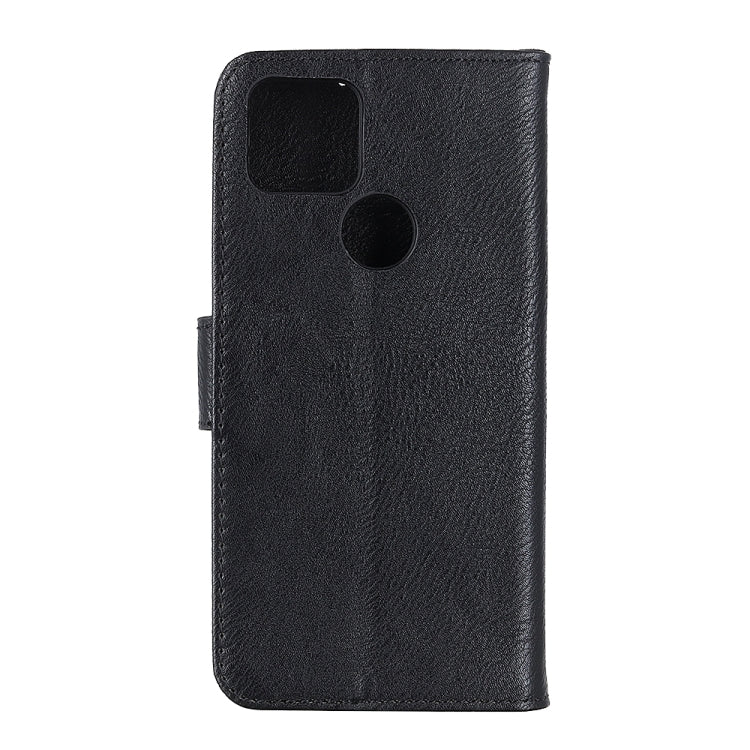 Black cowhide-texture flip leather phone case with cutout for camera and ports