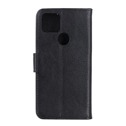 Black cowhide-texture flip leather phone case with cutout for camera and ports