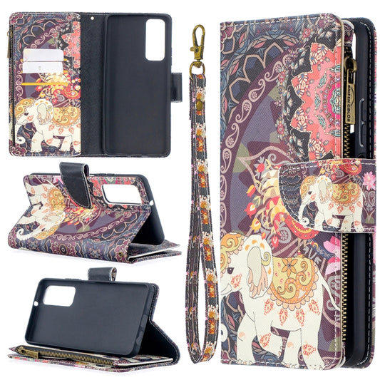 Printed zipper wallet leather phone case with flip cover and card slots, floral elephant pattern