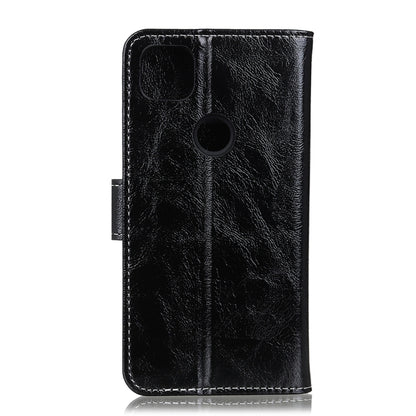 Black leather flip phone case with camera cutout and interior card holder.