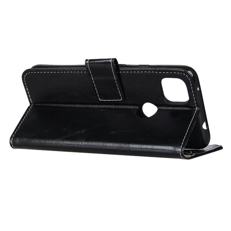 Black leather flip phone case, open front cover with cutouts and side button access.