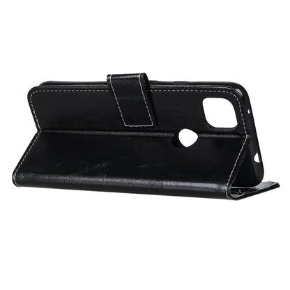 Black leather flip phone case, open front cover with cutouts and side button access.