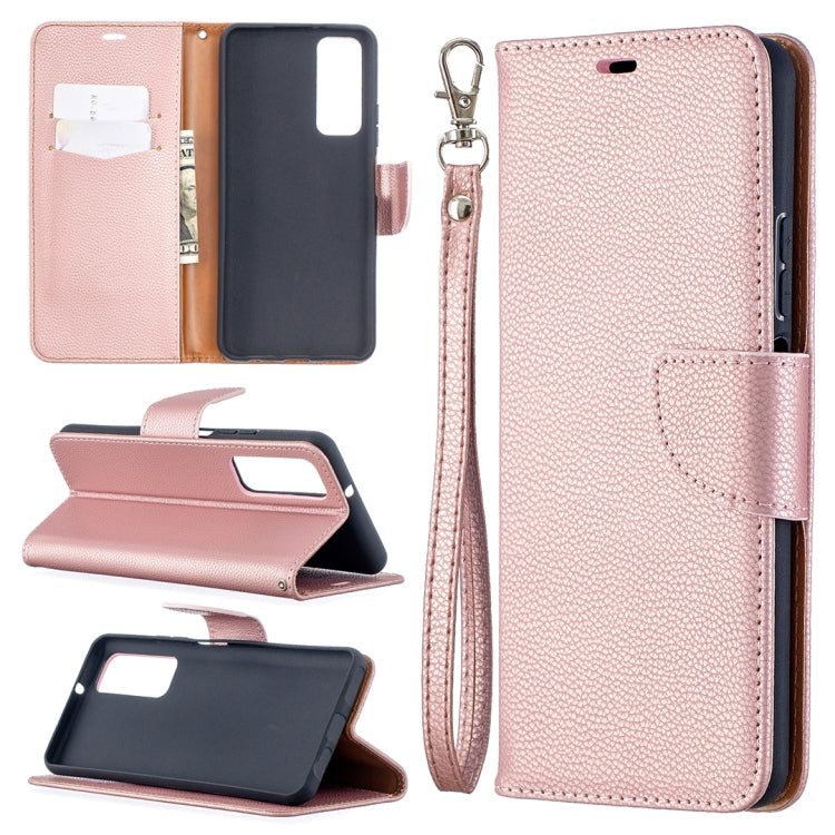 Rose gold textured flip phone wallet case with card slots, wrist strap, and stand