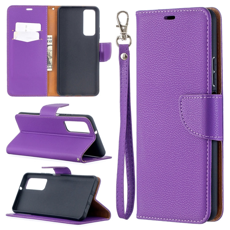 Purple textured flip phone wallet case with card slots, wrist strap, and stand