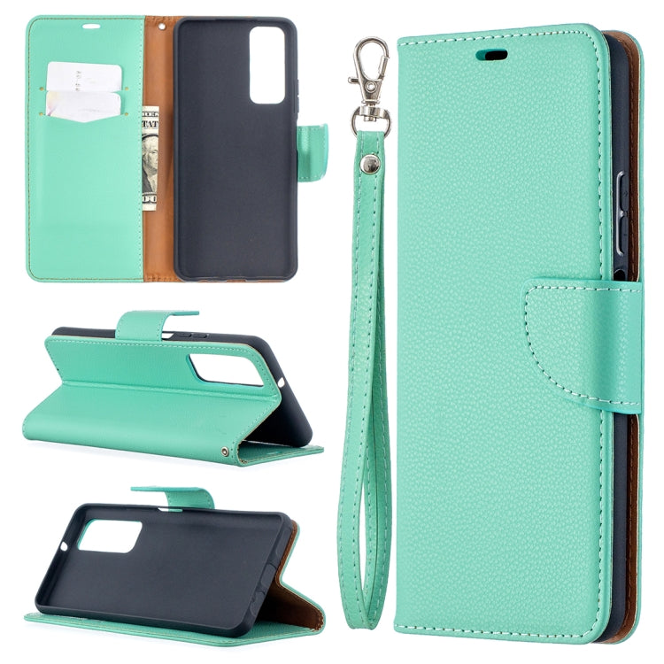 Mint green phone wallet case with flip cover, card slots, and wrist strap