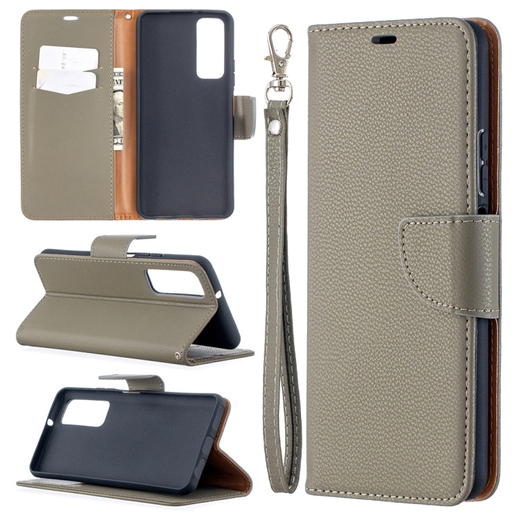 Taupe litchi-texture phone wallet case with flip cover, card slot, and wrist strap