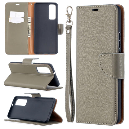 Taupe litchi-texture phone wallet case with flip cover, card slot, and wrist strap