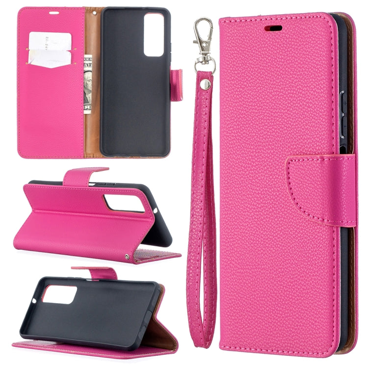 Hot pink litchi-texture phone wallet case with flip cover, card slots, and wrist strap